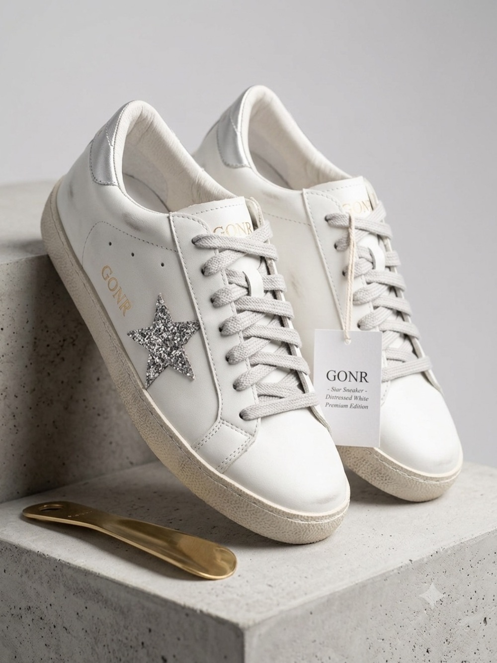 White  Sneakers with Silver Glitter Star